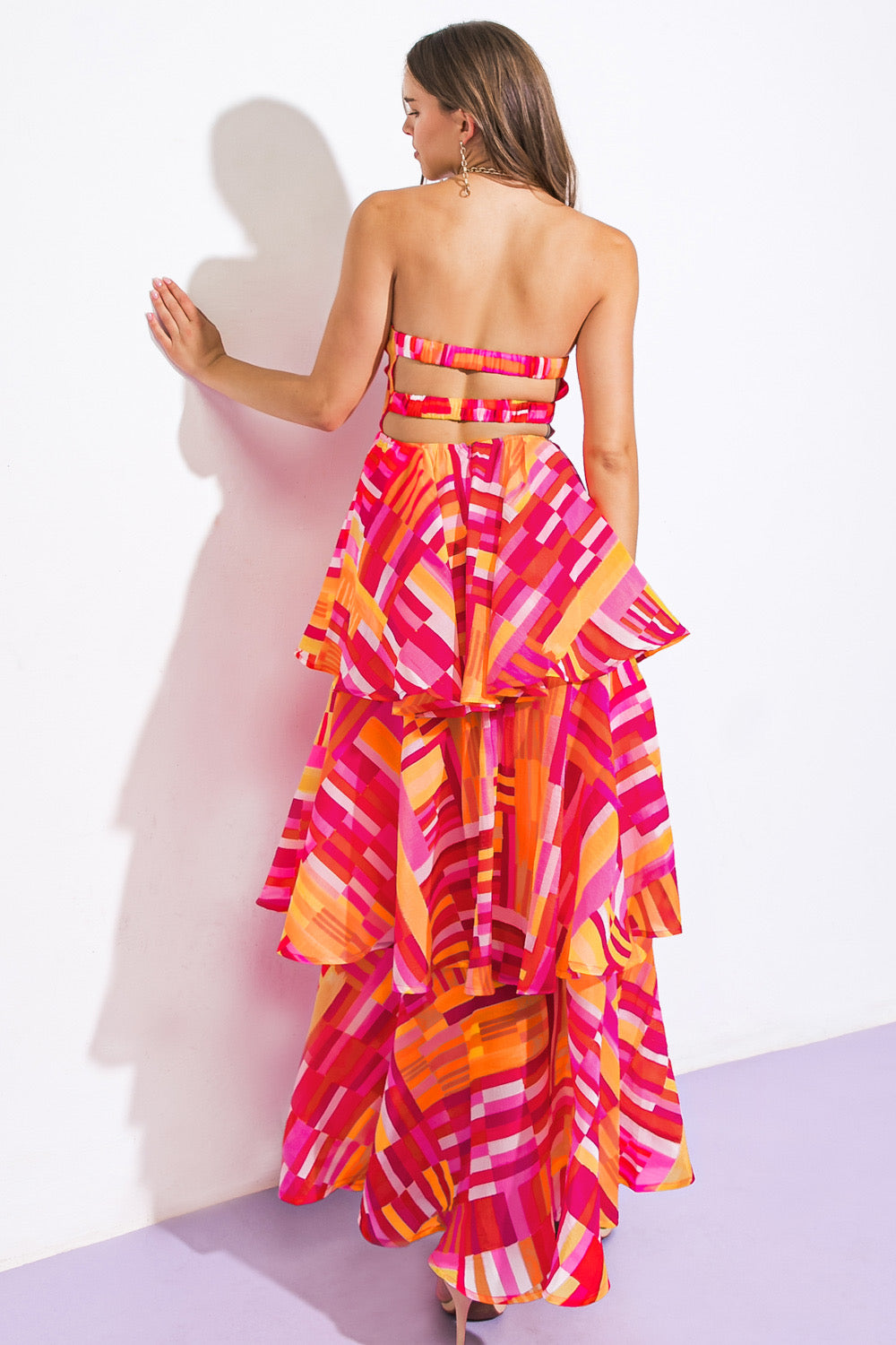 print layered strapless maxi dress