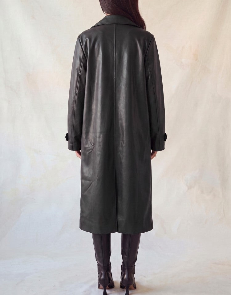 Faux Leather Notch Trench Coat