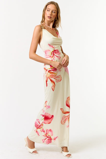 Floral Cowl Neck One Shoulder Maxi Dress