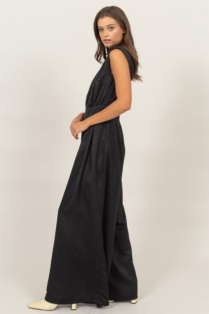 satin sleeveless wide leg jumpsuit