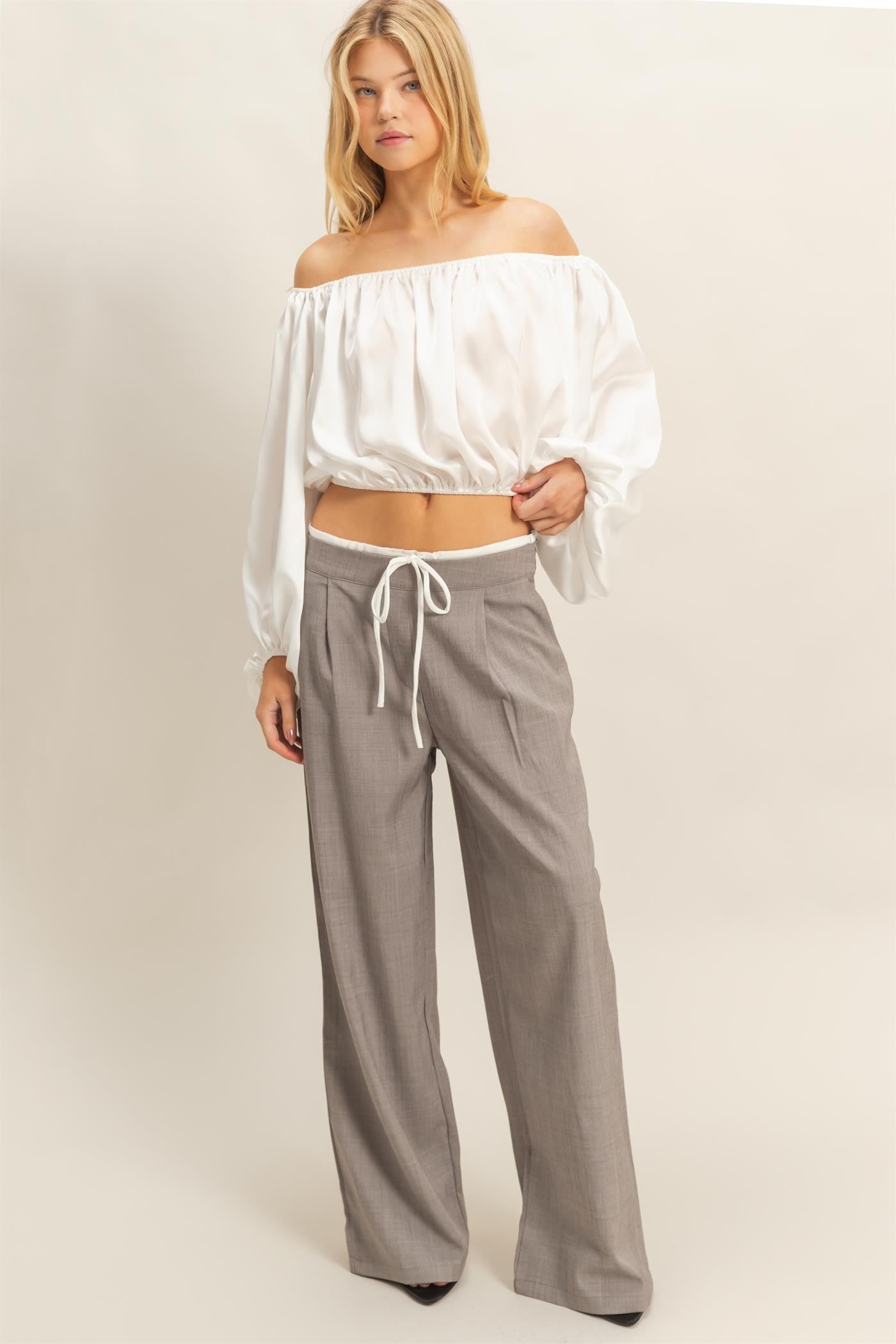 Balloon Sleeve Off the Shoulder Satin Blouse