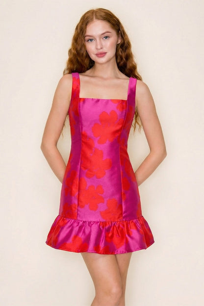 Square Neck Ruffle Hem Jacquard Mini Dress