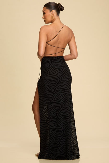 Tiger Velvet Mesh Cutout Open Back Maxi Dress