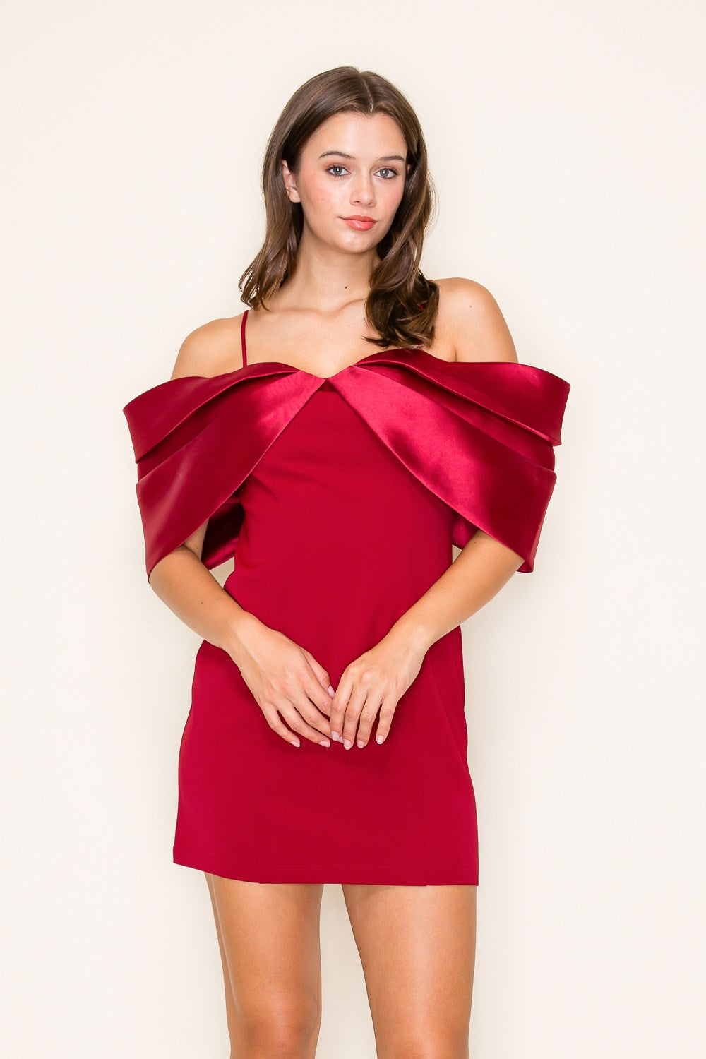 bow satin off shoulder dress Alfred Sung Satin Off-the-Shoulder Bow Corset Fit and Flare Mini Dress - D855 - White