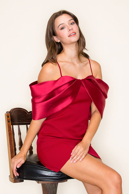 contrast satin off the shoulder bow dress