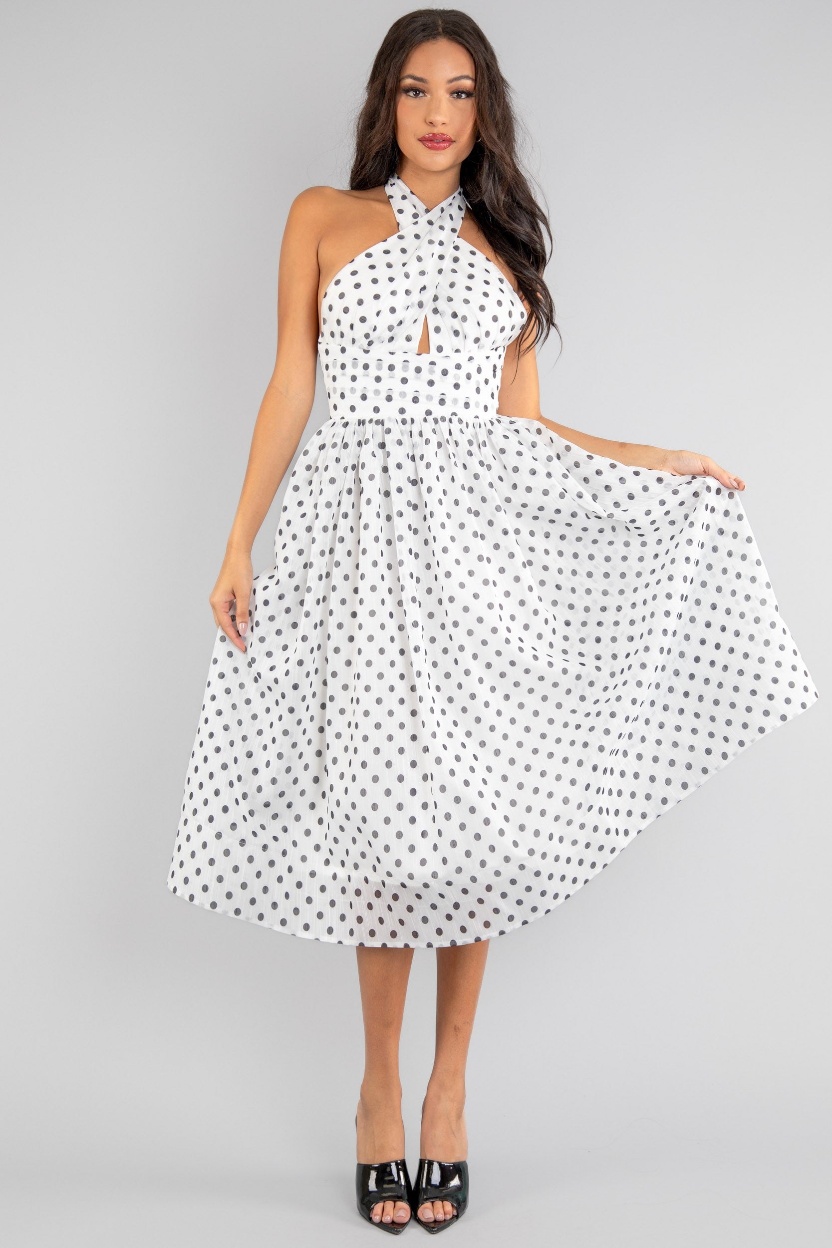 polka dot cross over halter fit & flare midi dress White/Black / SMALL polka dot cross over halter fit & flare midi dress White/Black / SMALL