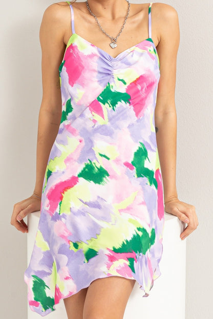 watercolor print diagonal hem sleeveless dress