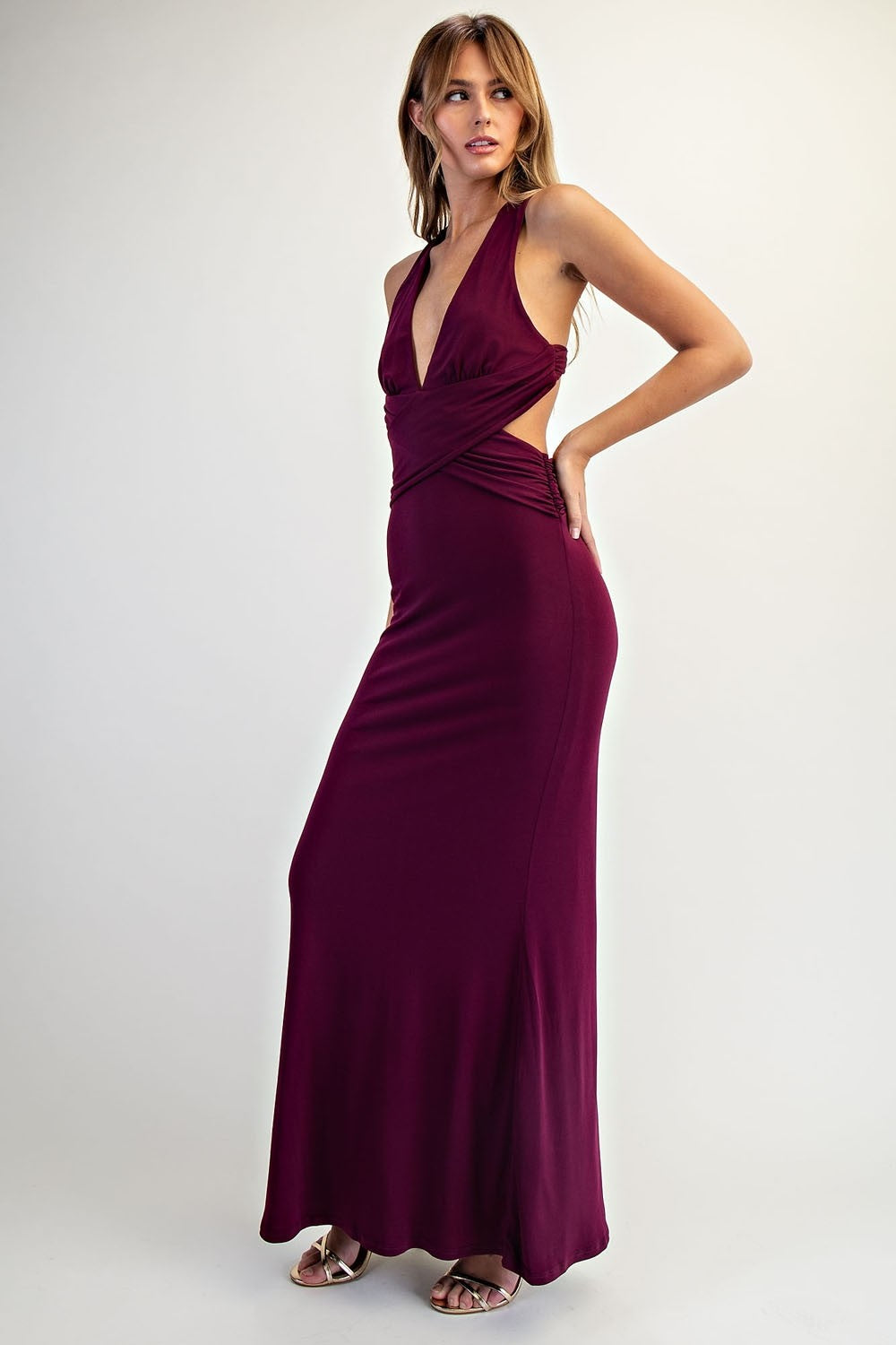 Halter Open Back Plunging Neck Knit Maxi Dress Burgundy / Medium Halter Open Back Plunging Neck Knit Maxi Dress Burgundy / Medium