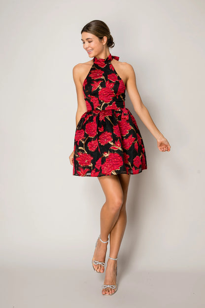 Floral jacquard fit & flare halter dress Floral / Medium Floral jacquard fit & flare halter dress Floral / Medium
