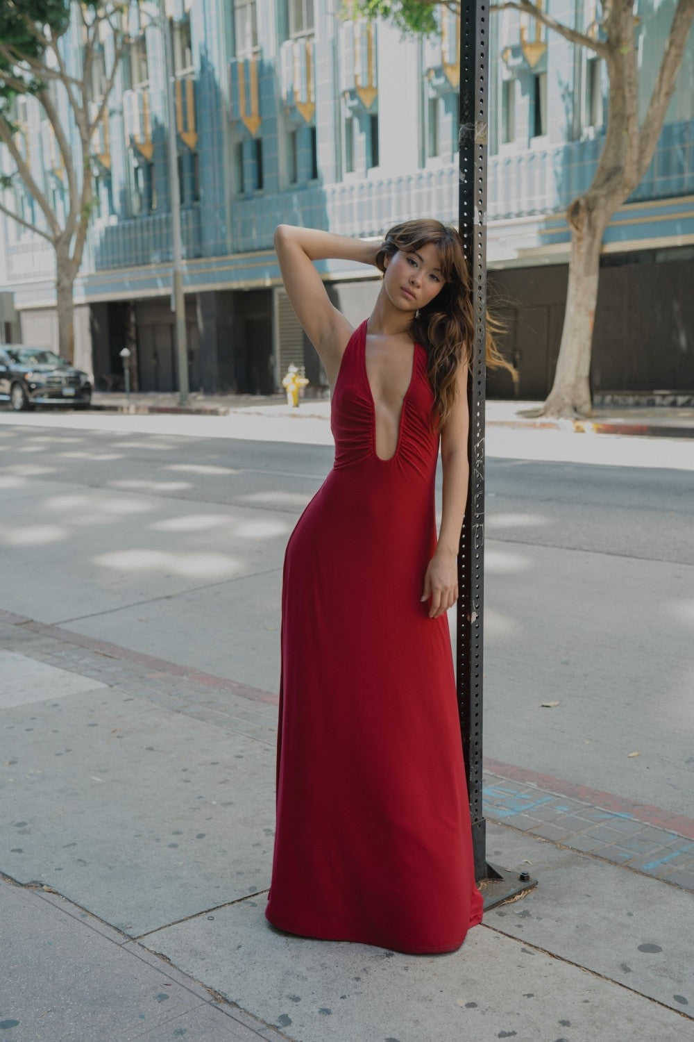Plunging Slinky Sleeveless Maxi Dress