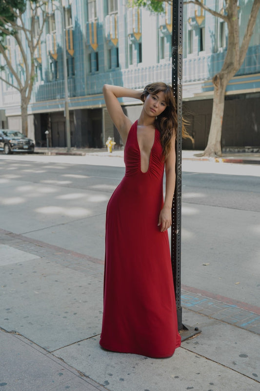 Plunging Slinky Sleeveless Maxi Dress