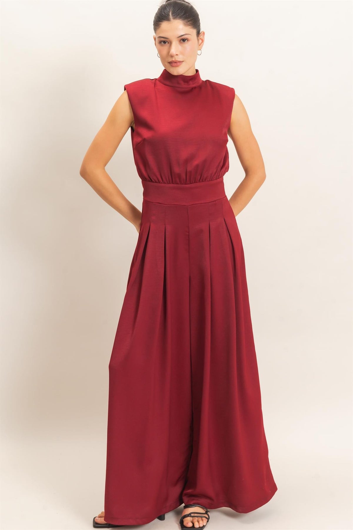 Sleeveless Mock Neck Wide Leg Jumpsuit