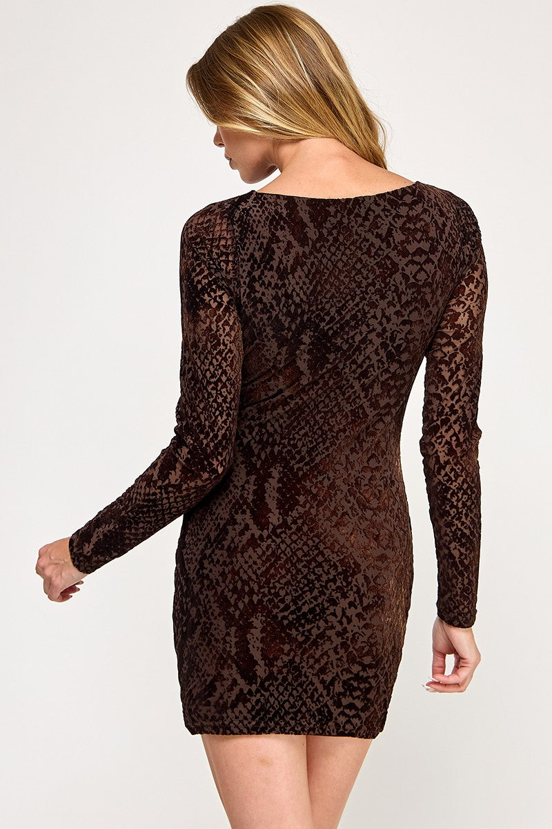 Snakeskin Mesh Long Sleeve Mini Dress