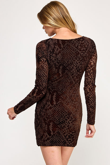 Snakeskin Mesh Long Sleeve Mini Dress