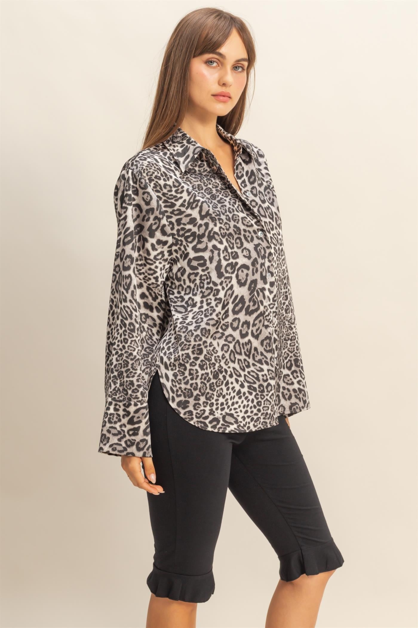 Leopard Print Satin Button-up Shirt
