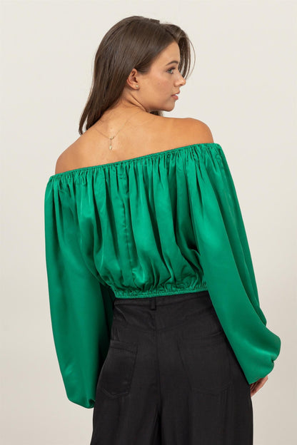 satin off the shoulder balloon sleeve top