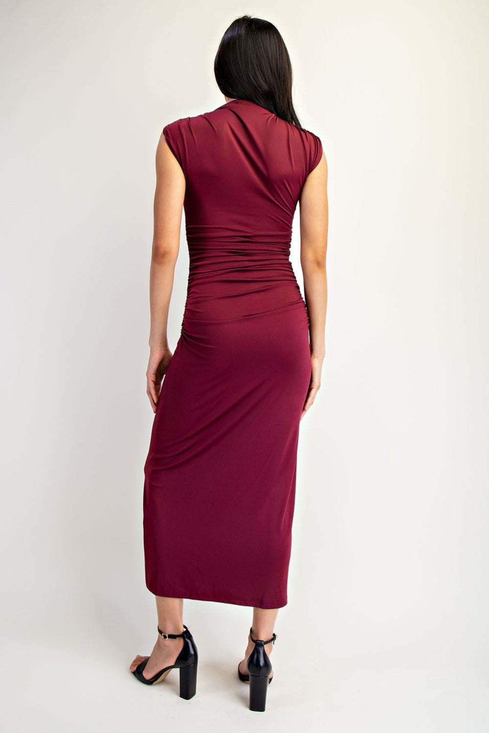 Metal Ring Strap Ruched Midi Dress