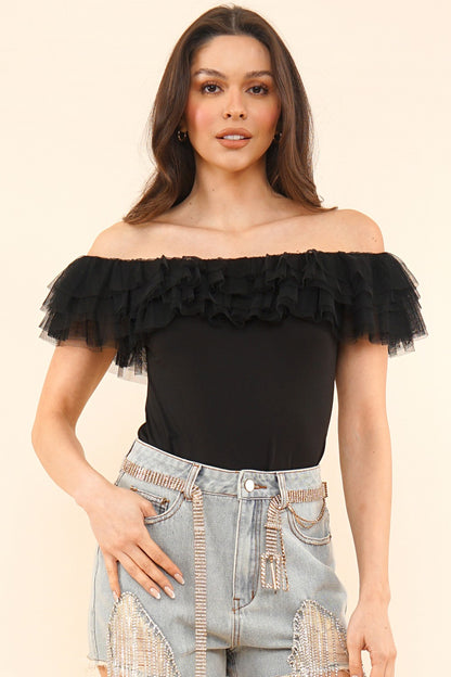 tulle ruffle off the shoulder bodysuit