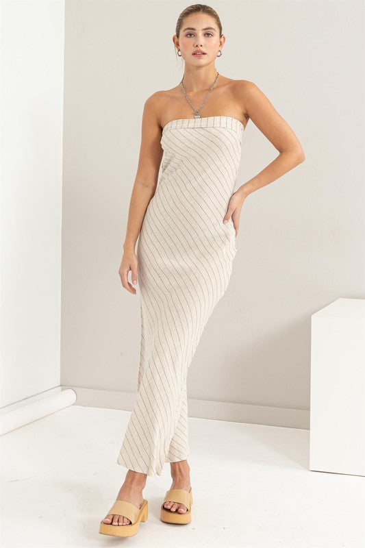 open back stripe linen strapless midi dress