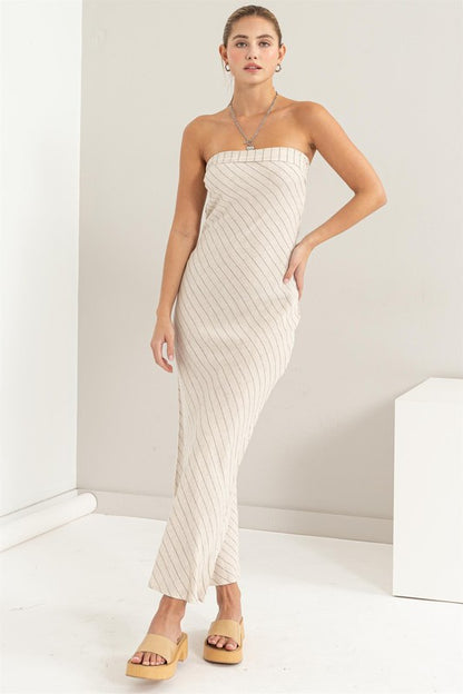 open back stripe linen strapless midi dress