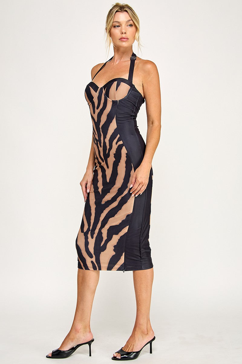 Scuba Tiger Corset Halter Sleeveless Midi Dress