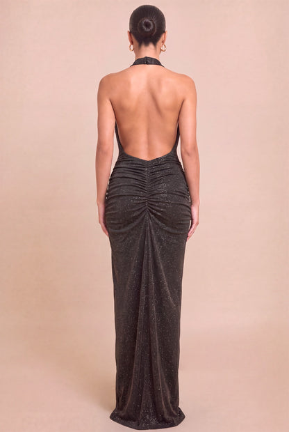 mesh glitter cowl halter low back maxi dress