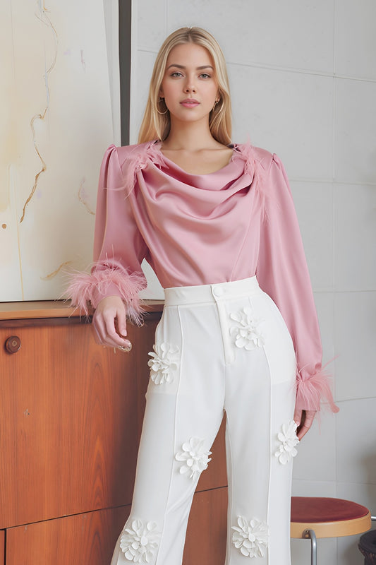 Feather Trim Draped Satin Long Sleeve Blouse
