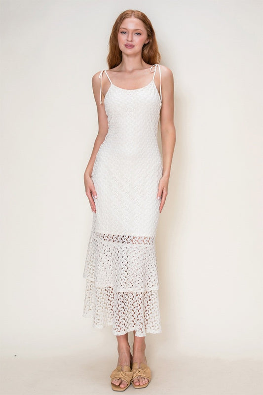 Crochet Knit Ruffle Detail Tied Shoulder Midi Dress