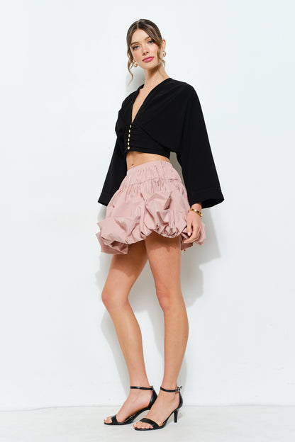 Ruched Button-front Kimono Sleeve Crop Top
