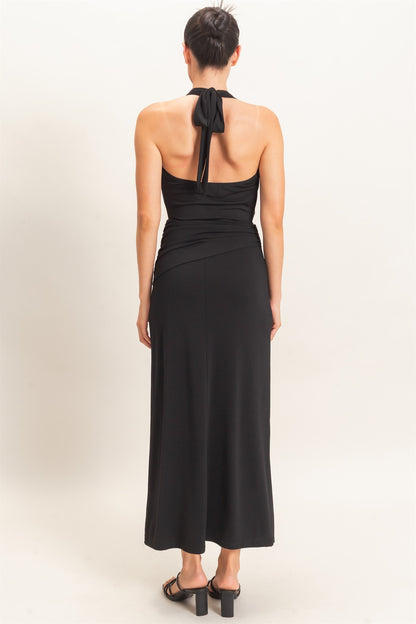 cowl halter neck draped waist maxi dress