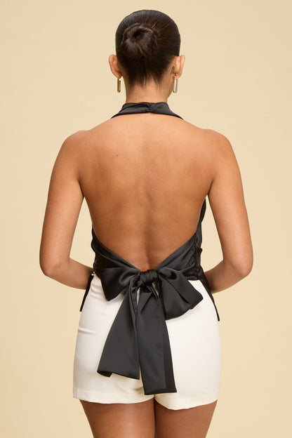 Open Tie Back Drape Satin Cowl Top