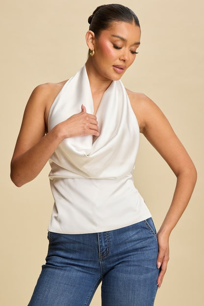 Open Tie Back Drape Satin Cowl Top