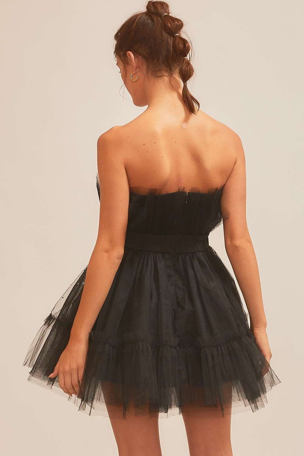 Strapless Tulle Rhinestones Trim Mini Dress