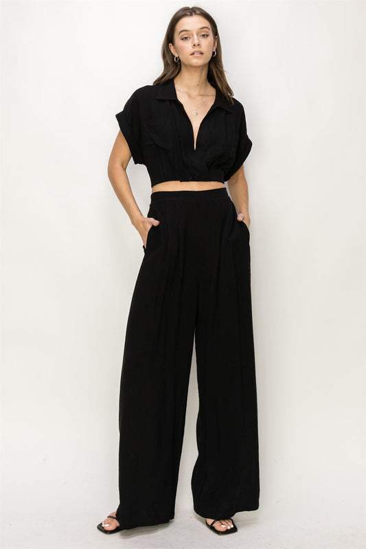 2pc set-surplice crop blouse & pleated high waist pants