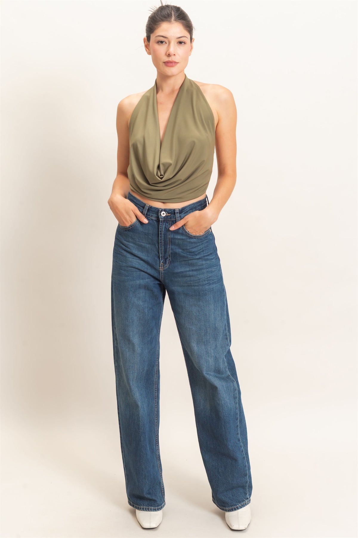 Draped Halter Neck Open Back Top