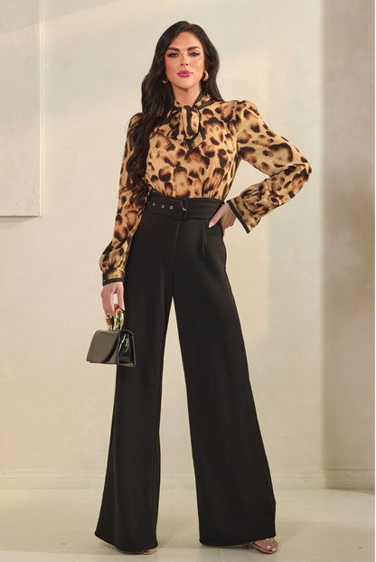neck tie long sleeve 2 tone wide leg jumpsuit