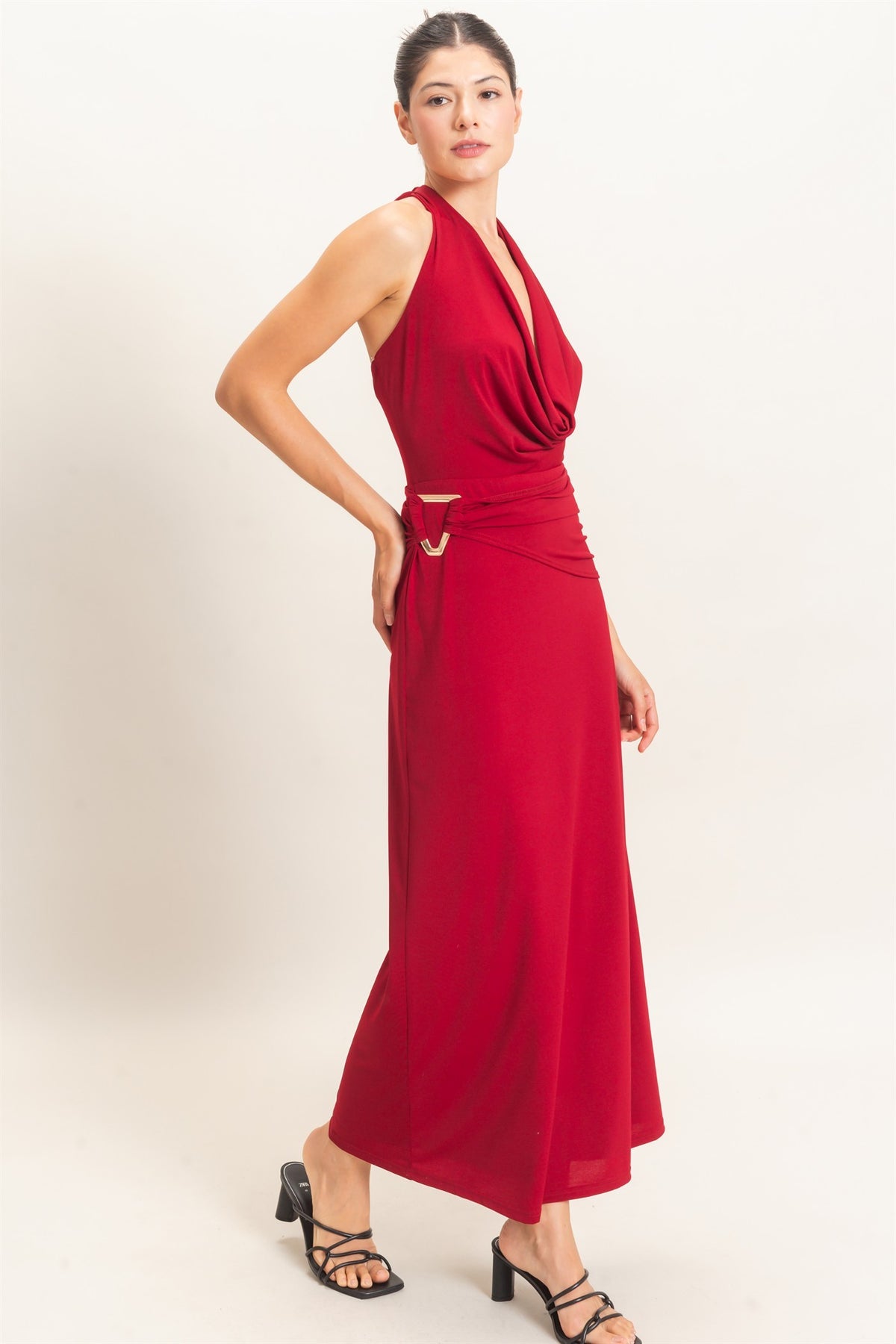 cowl halter neck draped waist maxi dress