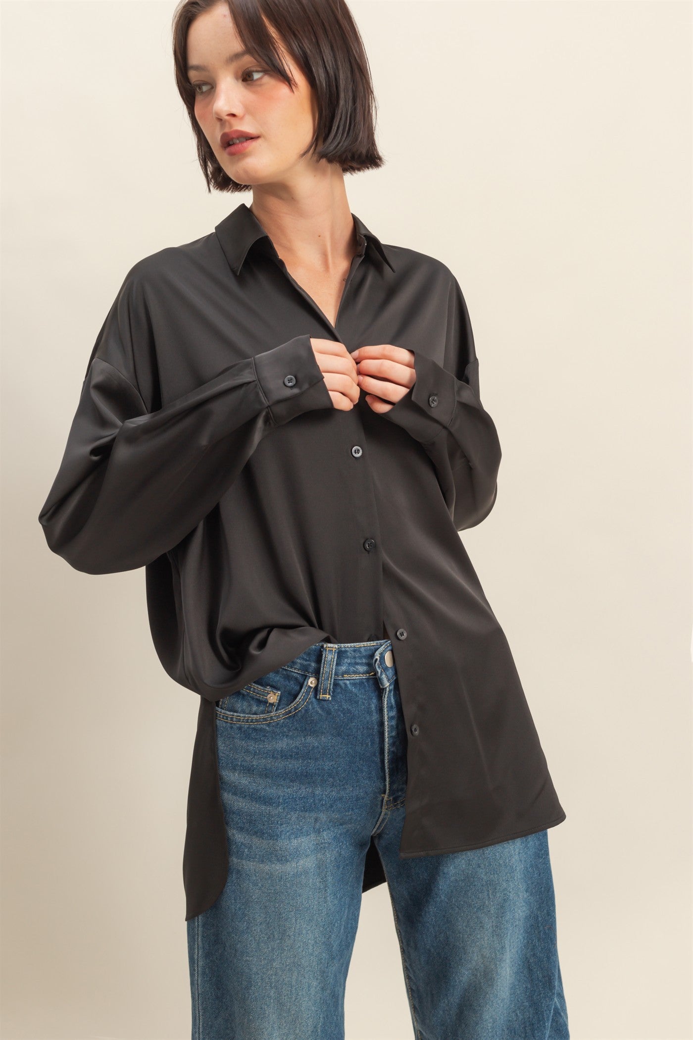 Long Sleeve Oversized Satin Shirt