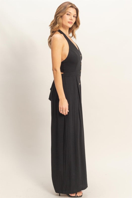 Halter Button-front Jumpsuit