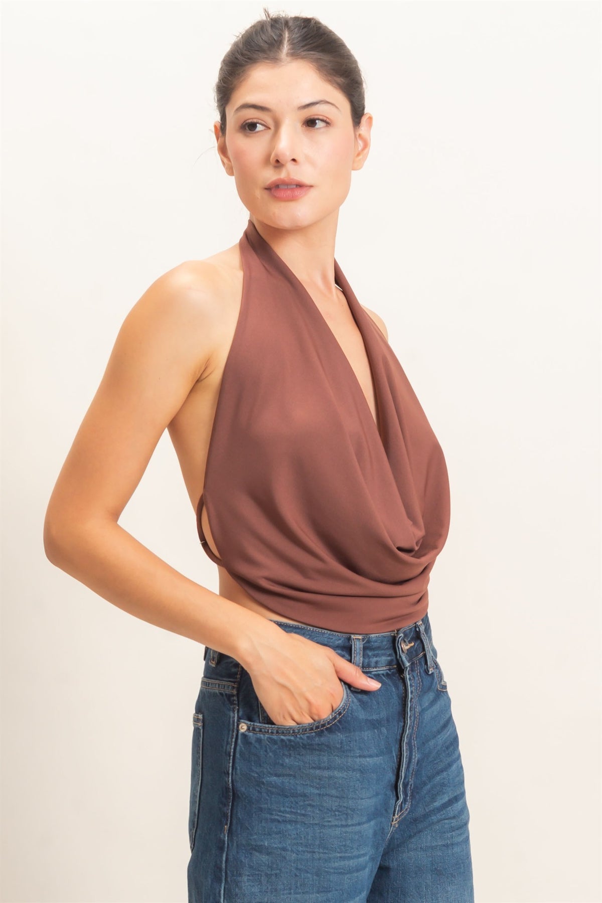 Draped Halter Neck Open Back Top
