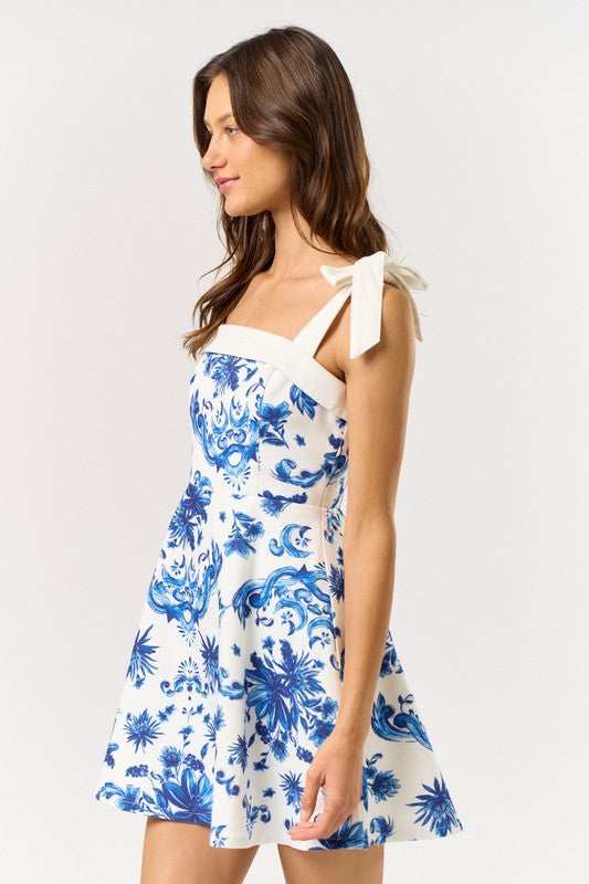 Floral Print Shoulder Bow Tie Mini Dress