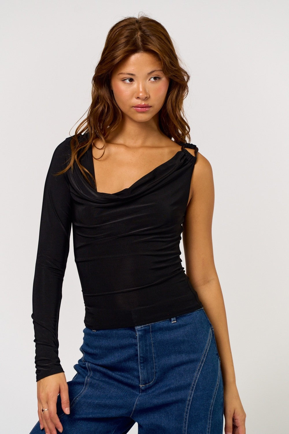 One Shoulder Cowl Long Sleeve Top With Trim
