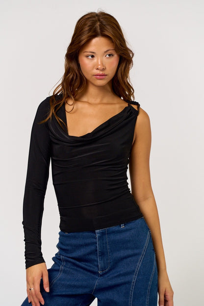 One Shoulder Cowl Long Sleeve Top With Trim