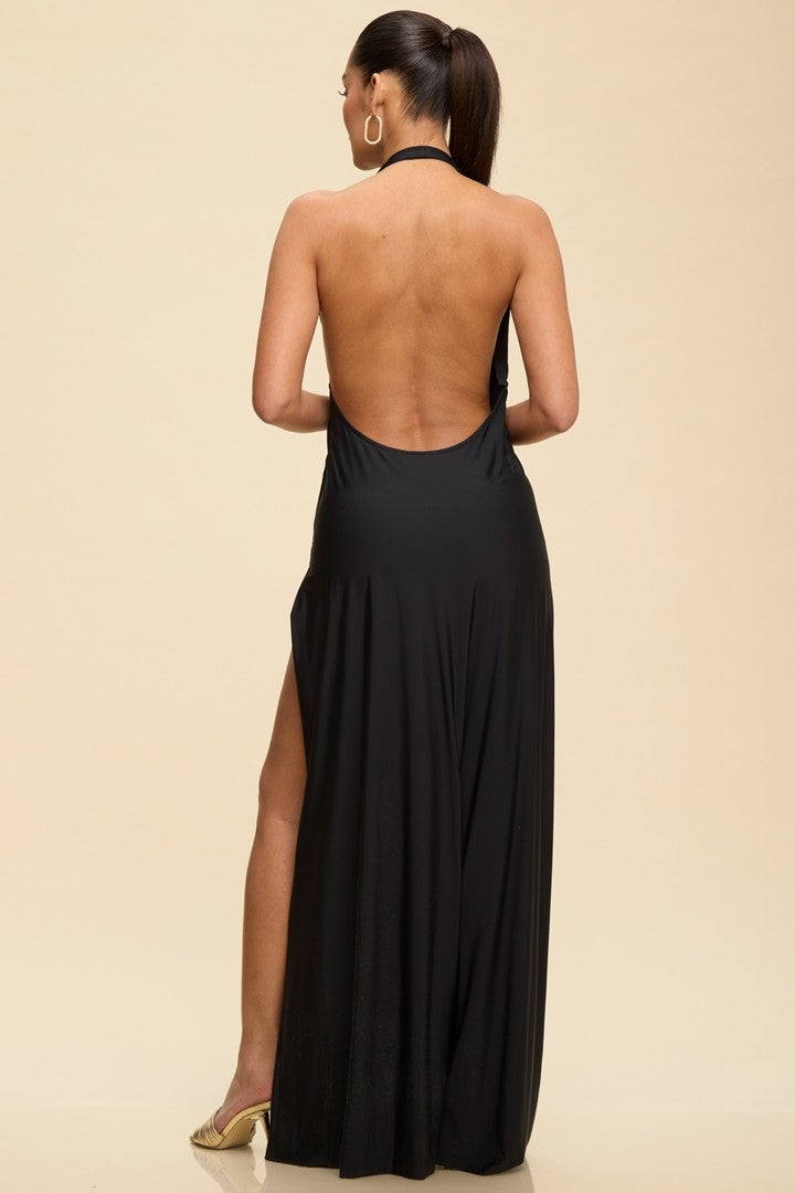 plunge neckline halter maxi dress