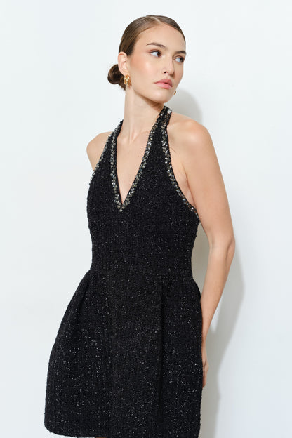 Lurex Glitter Tweed Rhinestone Trim Flare Halter Dress