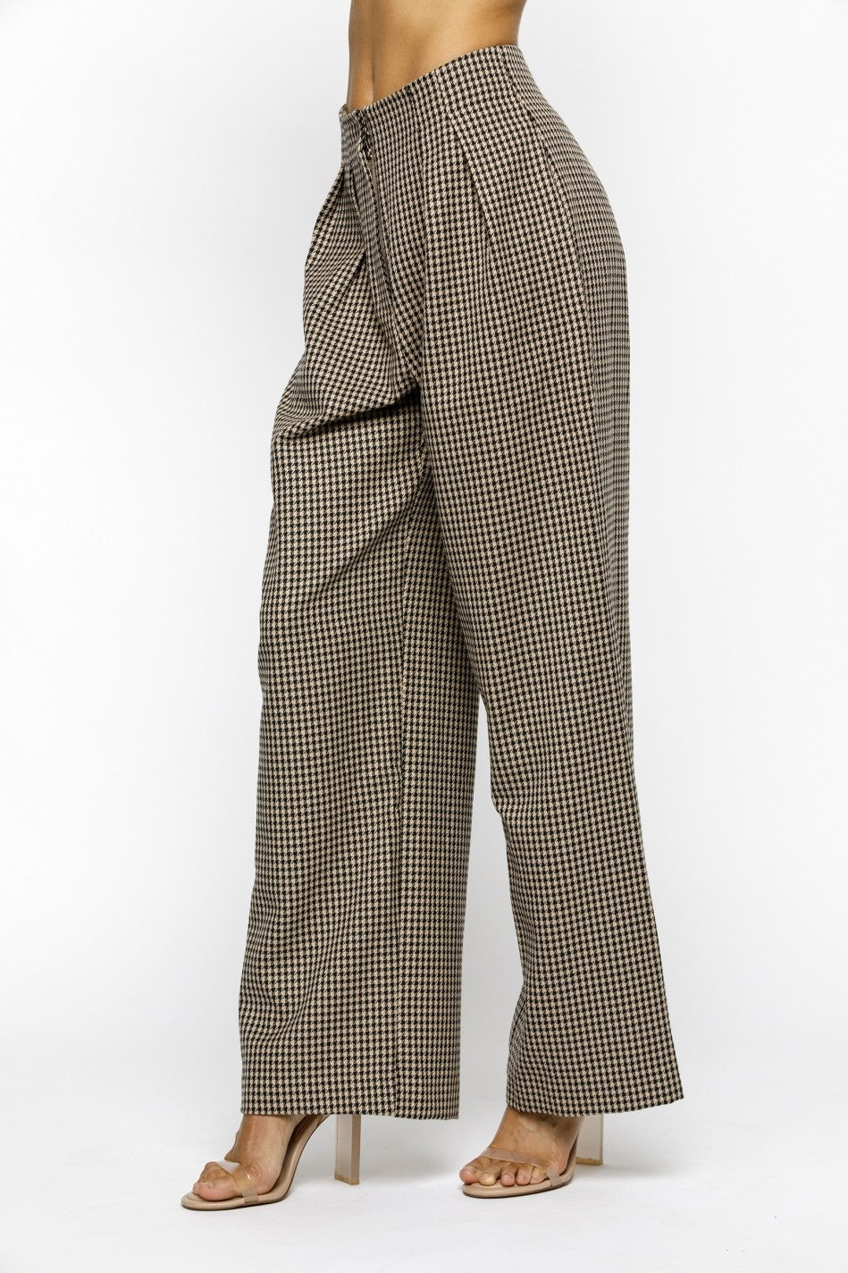 pleated houndstooth high waist wide leg pants