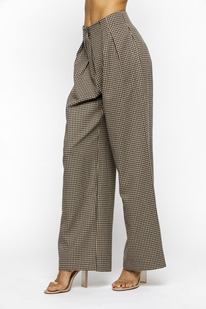 pleated houndstooth high waist wide leg pants