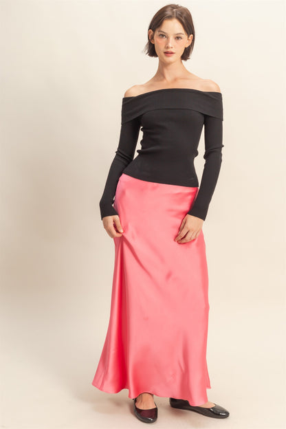 Fold over Neck Off The Shoulder Ribbed Long Sleeve Knit Top