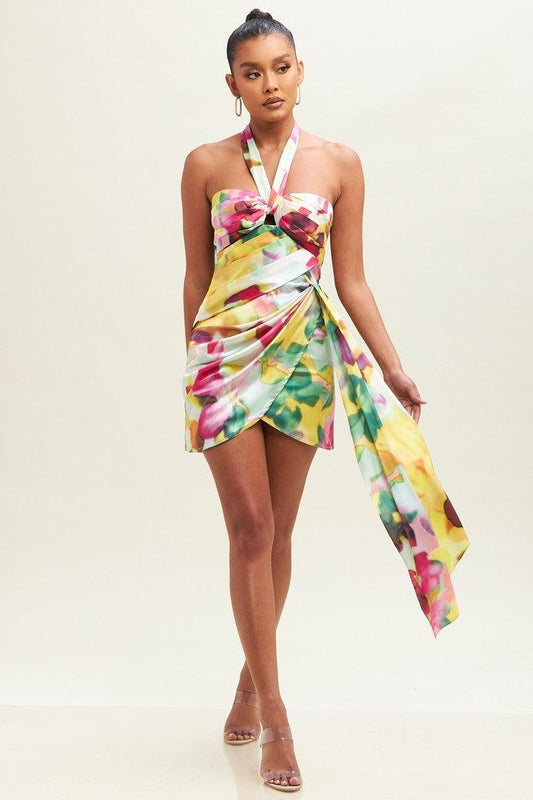 tropical floral draped halter dress - RK Collections Boutique