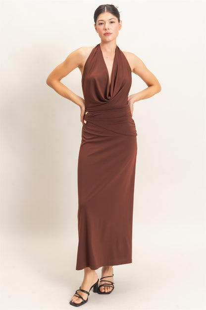 cowl halter neck draped waist maxi dress